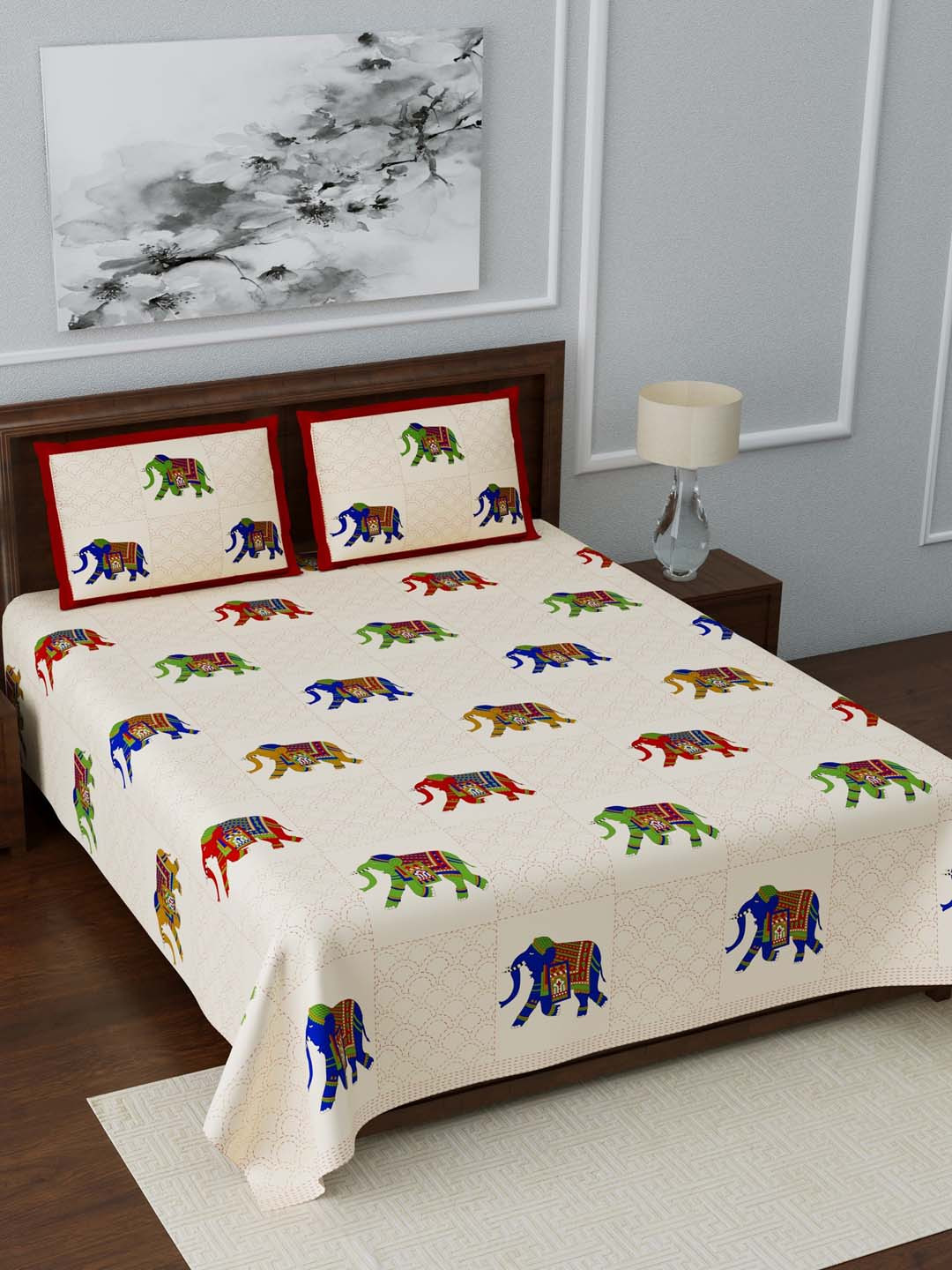 

LIVING ROOTS Cream-Coloured & Green Ethnic Motifs 210 TC Cotton 1 King Bedsheet with 2 Pillow Covers
