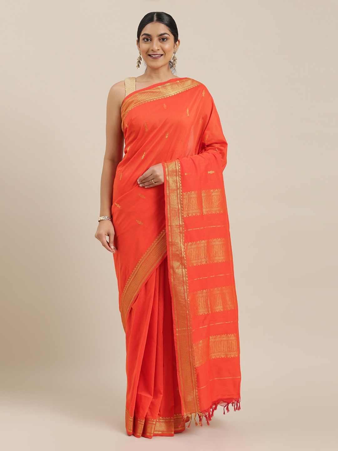 

The Chennai Silks Orange & Gold-Toned Polycotton Woven Design Saree