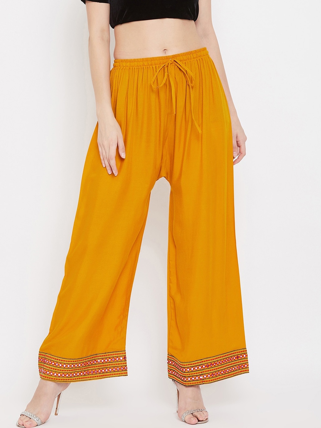 

Clora Creation Women Mustard Yellow Hem Design Wide Leg Palazzos