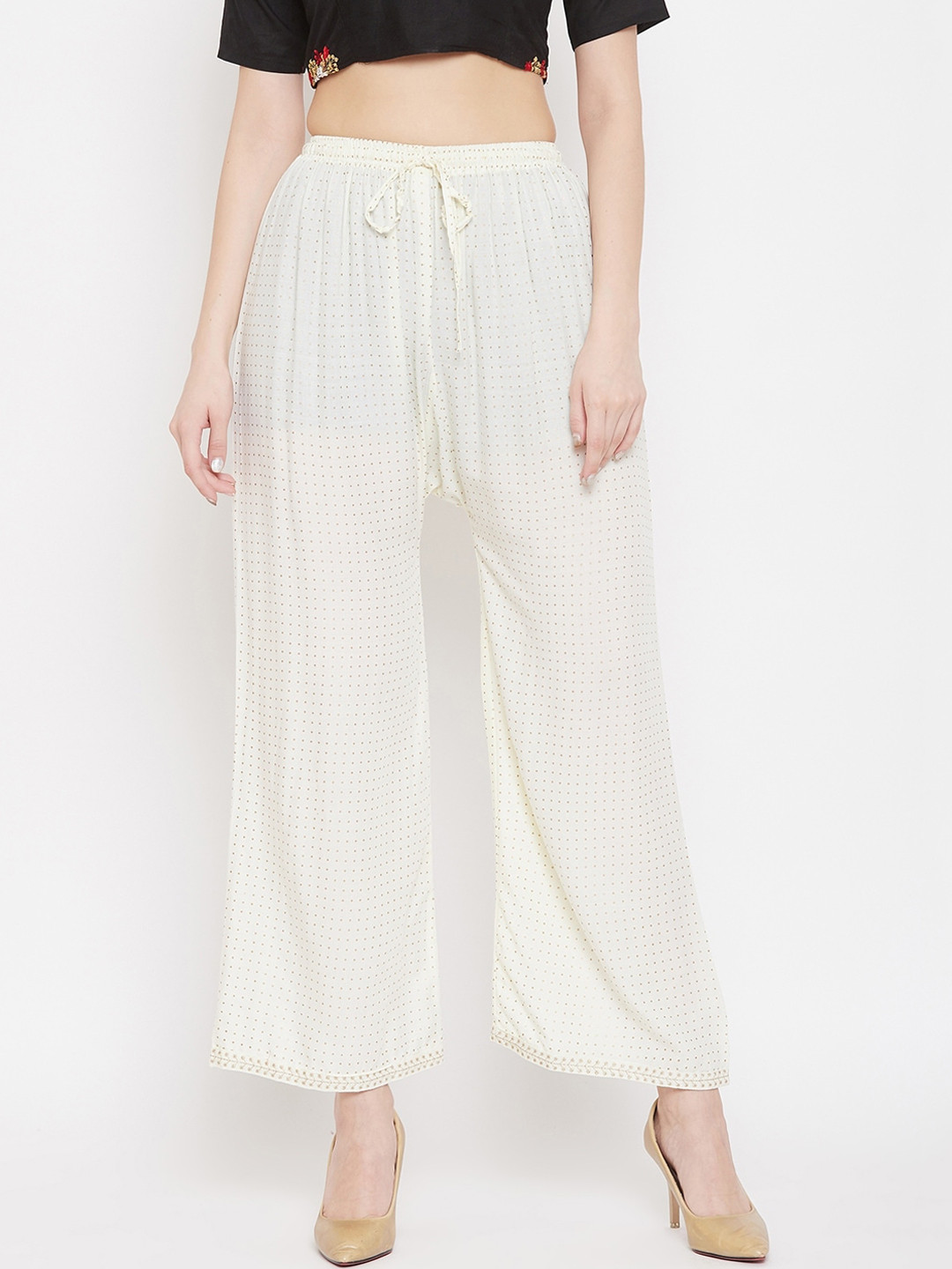 

Clora Creation Women Cream-Coloured & Gold-Toned Printed Straight Palazzos