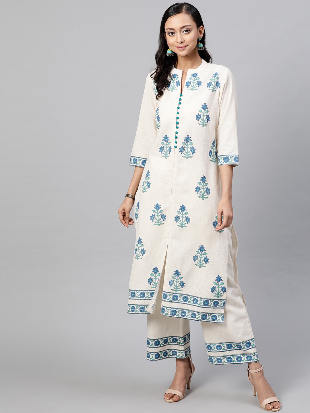 

STREET 9 Women White & Blue Printed Kurta with Palazzos