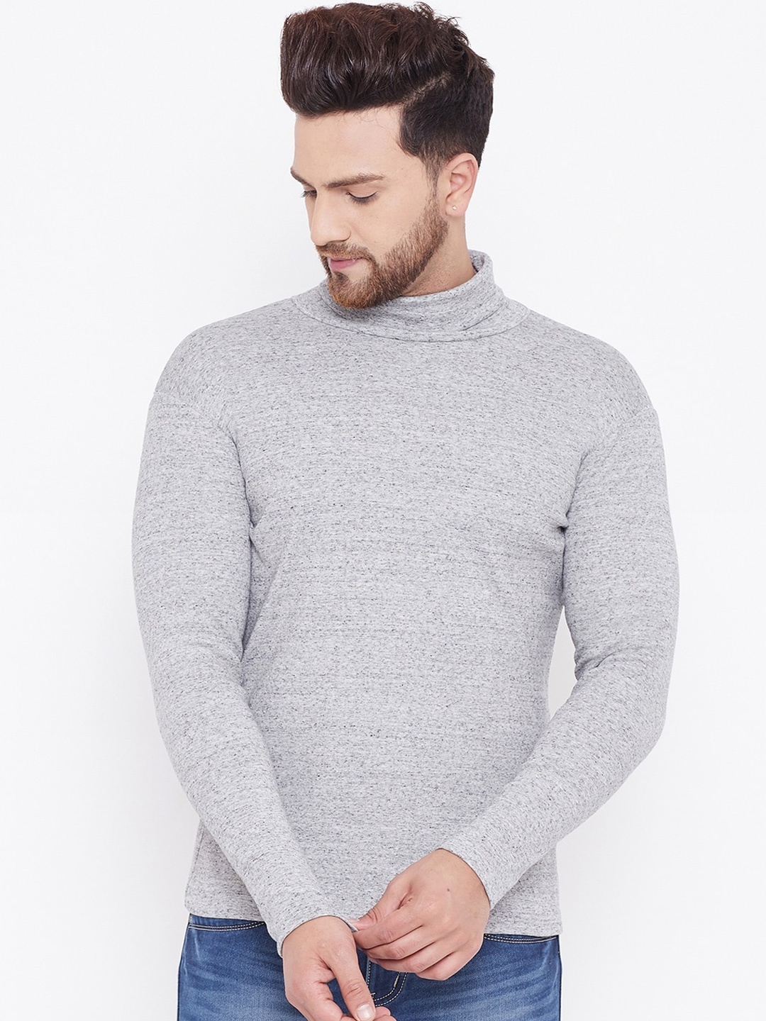 

Hypernation Men Grey Melange Solid High Neck T-shirt