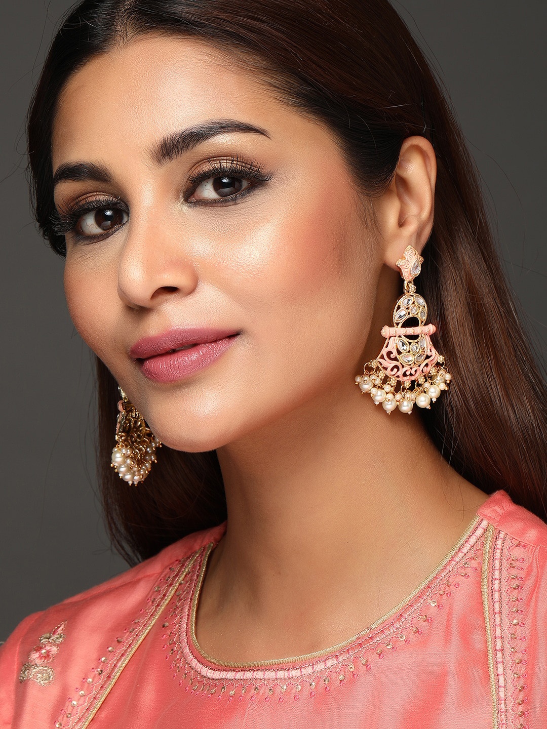 Rubans 24K Gold-Plated & Pink Kundan Contemporary Drop Earrings