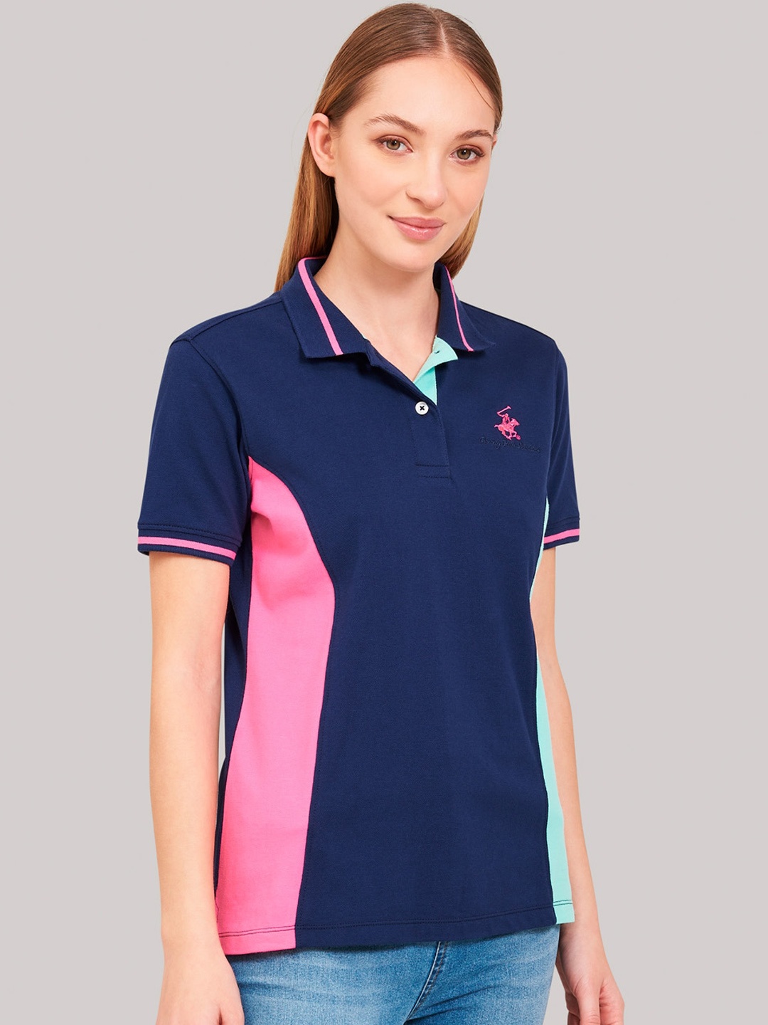 

Beverly Hills Polo Club Women Navy Blue & Pink Colourblocked Polo Collar T-shirt