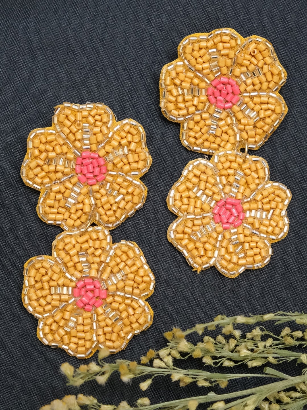 Crunchy Fashion Yellow Gold-Plated Bohemian Handcrafted Floral Drop Earrings