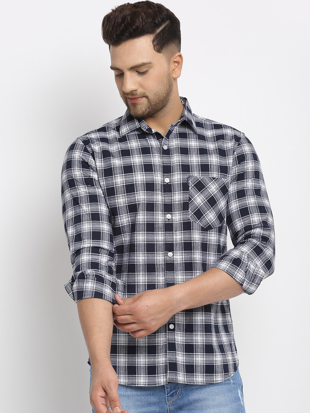 

Cantabil Men Navy Blue & White Slim Fit Checked Casual Shirt
