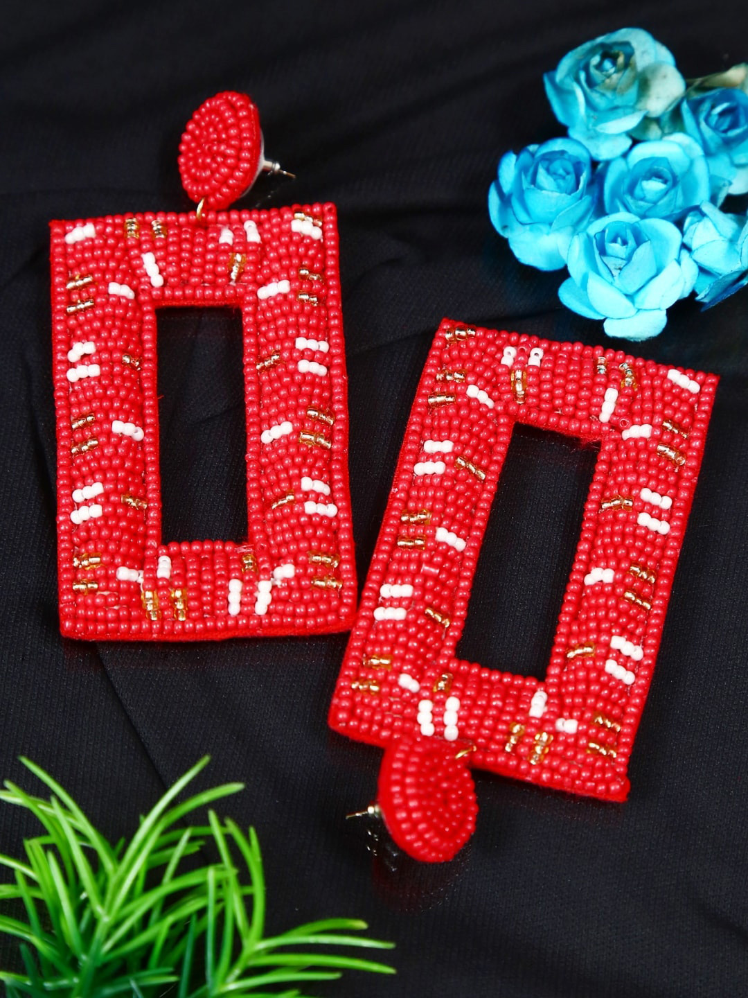 

Crunchy Fashion Gold-Plated & Red Geometric Drop Earrings