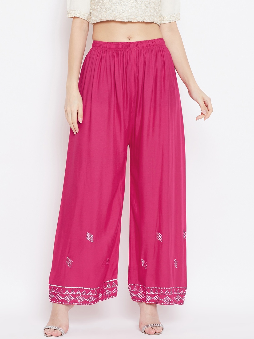 

Clora Creation Women Magenta & Silver-Toned Embellished Straight Palazzos