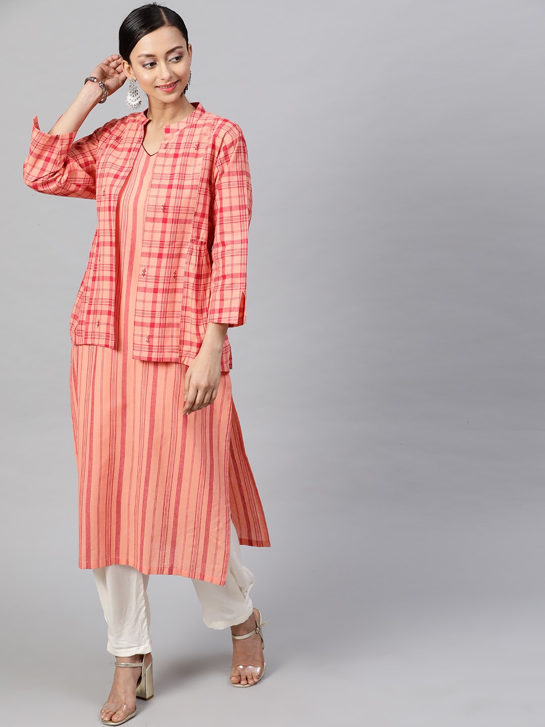 

STREET 9 Women Peach-Coloured Checked Kurta with Jacket