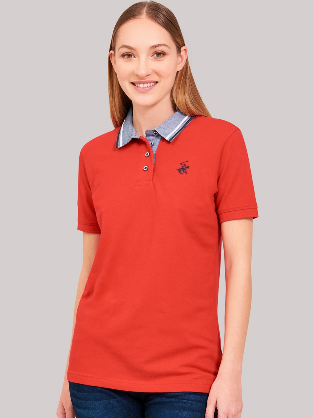 

Beverly Hills Polo Club Women Red Solid Polo Collar T-shirt