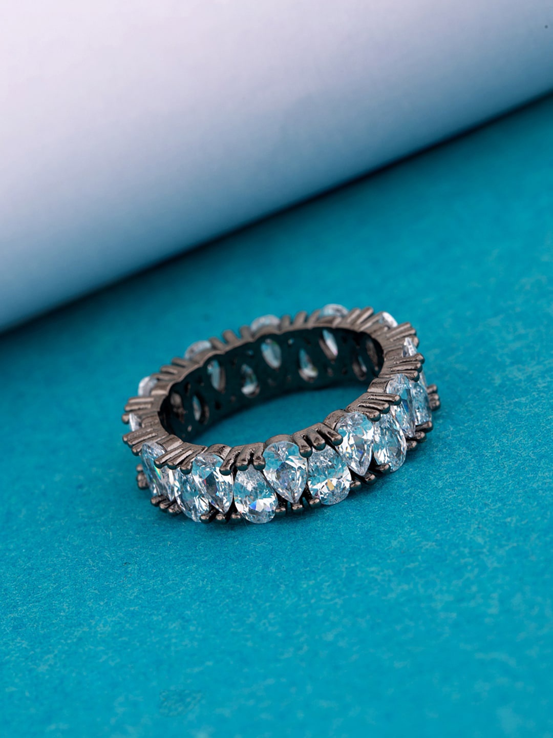 

Voylla Rhodium-Plated Charcoal Grey & White CZ-Studded Finger Ring