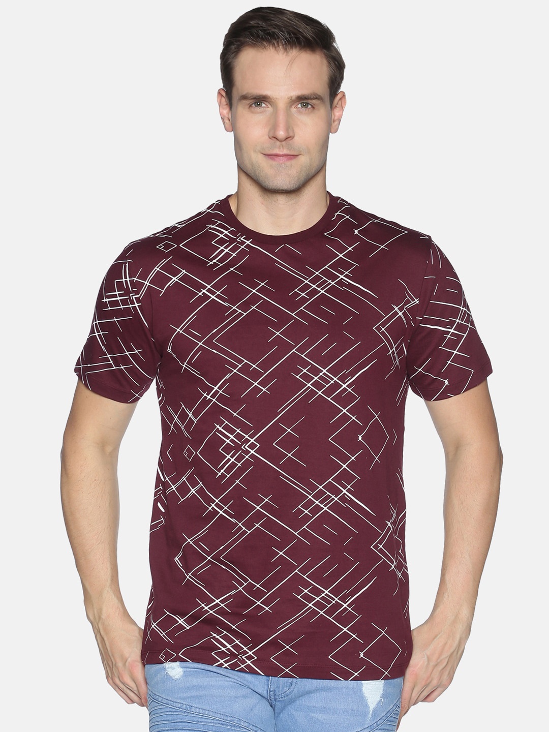 

UrGear Men Burgundy Printed Cotton Round Neck Pure Cotton T-shirt
