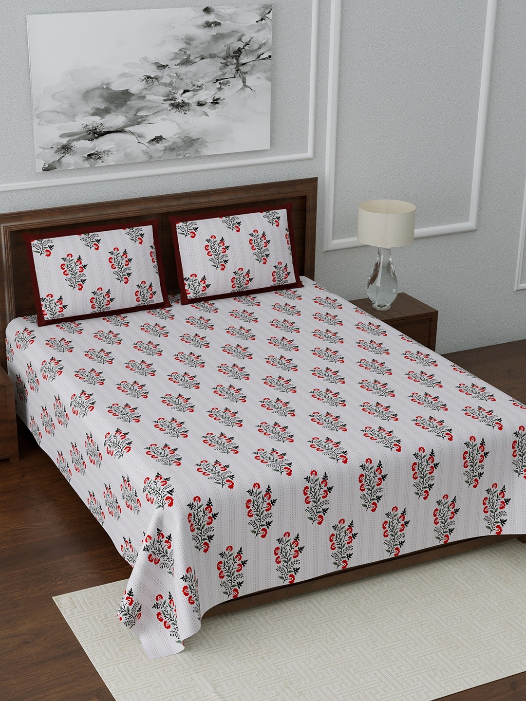 

LIVING ROOTS Super King Jaipur Block Print Cotton Double Bedsheet with 2 Pillow Covers, Grey