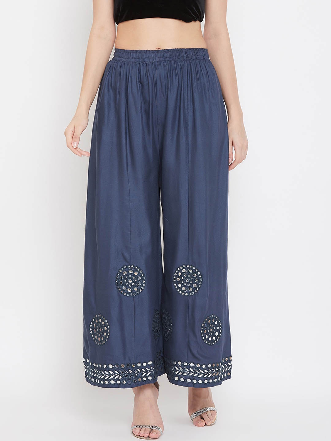 

Clora Creation Women Navy Blue Hem Design Flared Palazzos