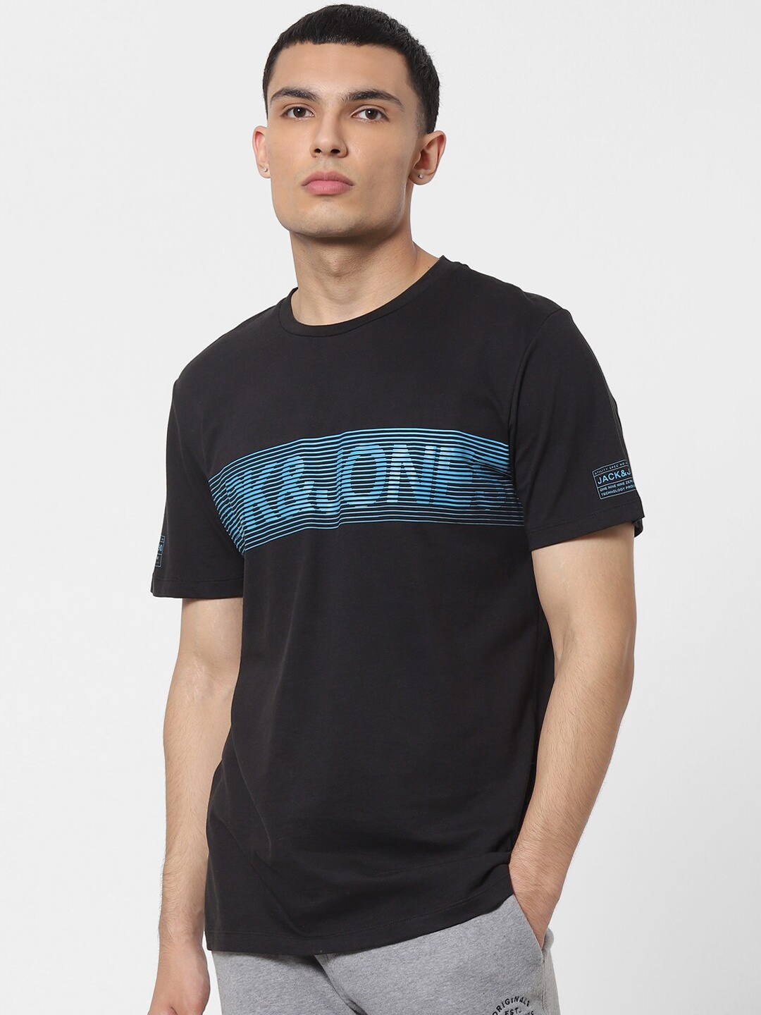 

Jack & Jones Men Black& Blue Printed Round Neck T-shirt