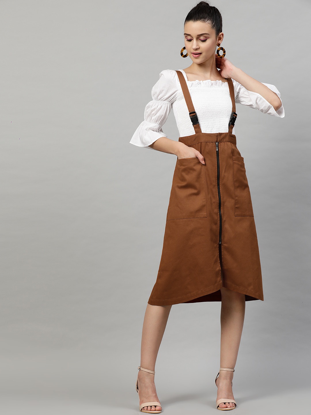 

STREET 9 Women Brown Solid Midi Cotton Pinafore Skirt