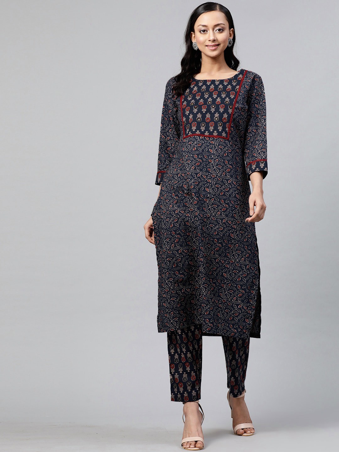 

STREET 9 Women Navy Blue & Maroon Printed Cotton Kurta with Trousers
