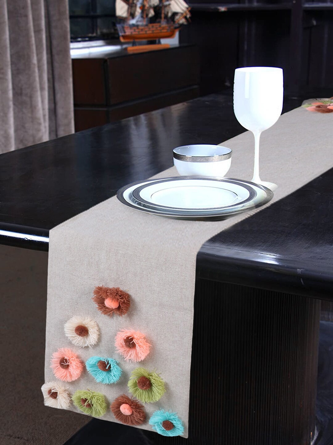 

Mezposh Beige & Brown Pom-Pom Embellished 4 Seater Table Runner