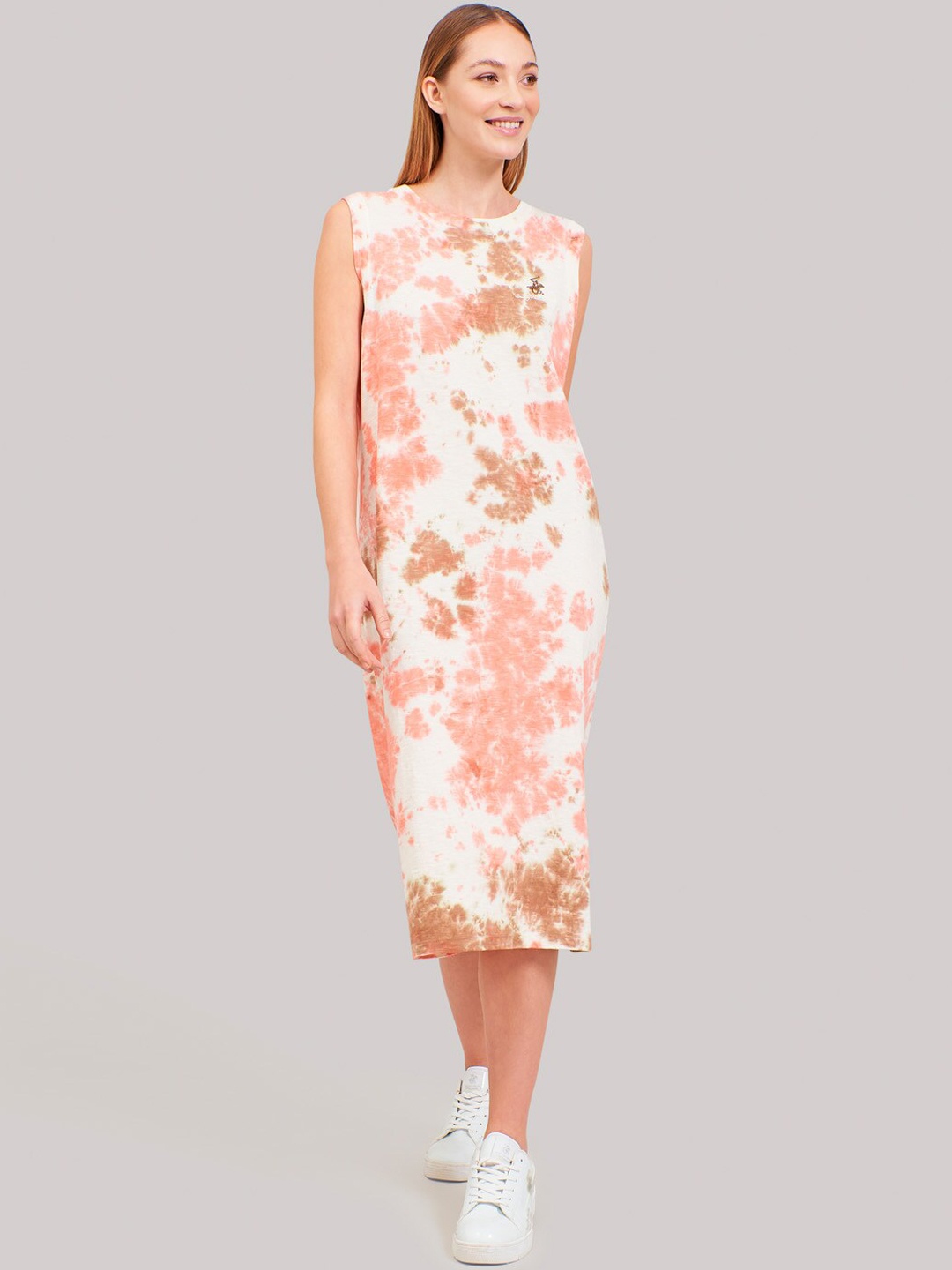

Beverly Hills Polo Club Women Pink & White Printed Sheath Dress