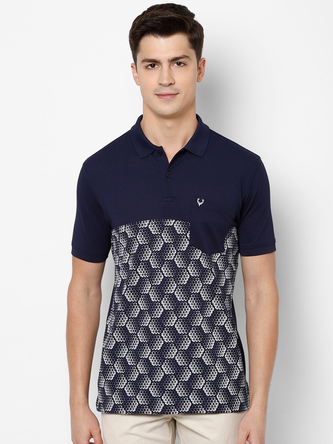 

Allen Solly Men Navy Blue Printed Cotton Polo Collar Pure Cotton T-shirt