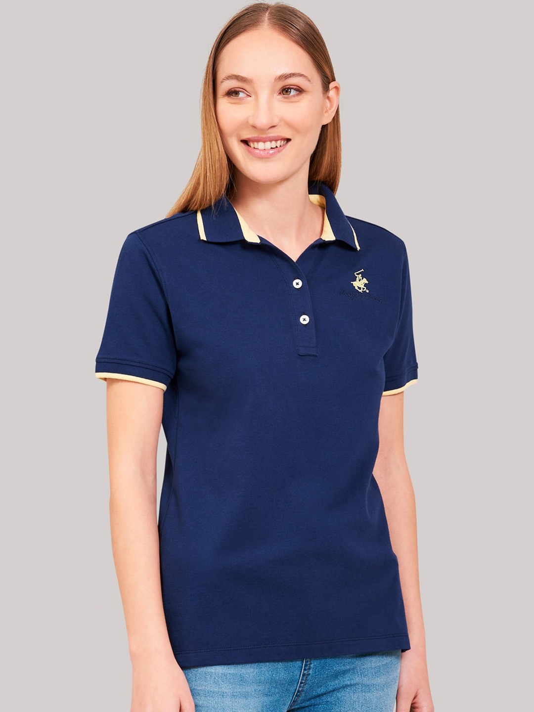 

Beverly Hills Polo Club Women Blue Solid Polo Collar T-shirt