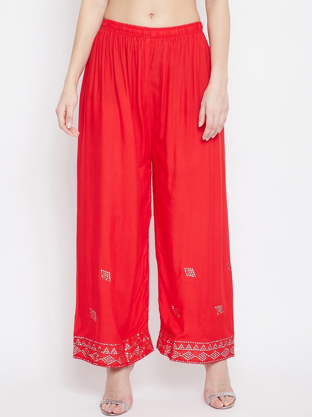 

Clora Creation Women Red Embellished Wide Leg Palazzos