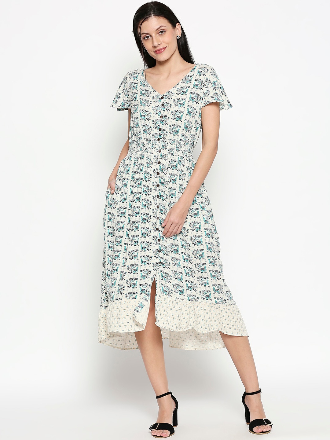 

People Women Off-White & Green Printed A-Line Dress