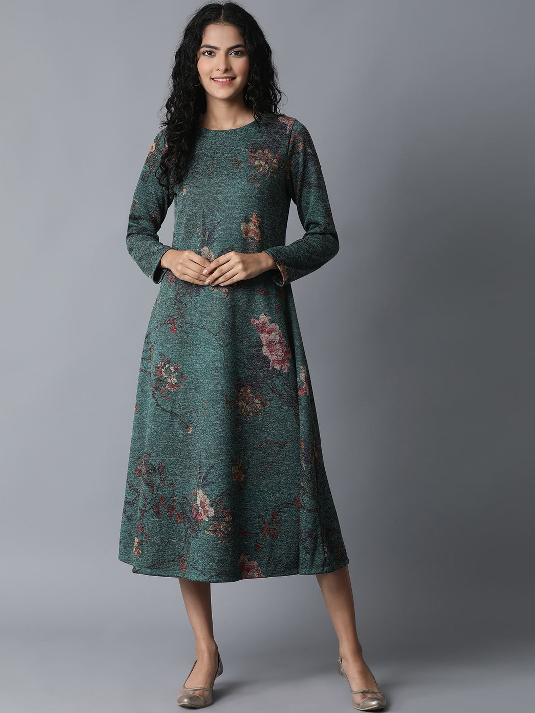 

W Women Green Printed A-Line Dress