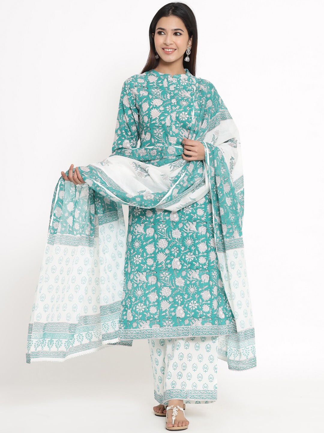 

kipek Women Green & White Printed Kurta with Palazzos & Dupatta
