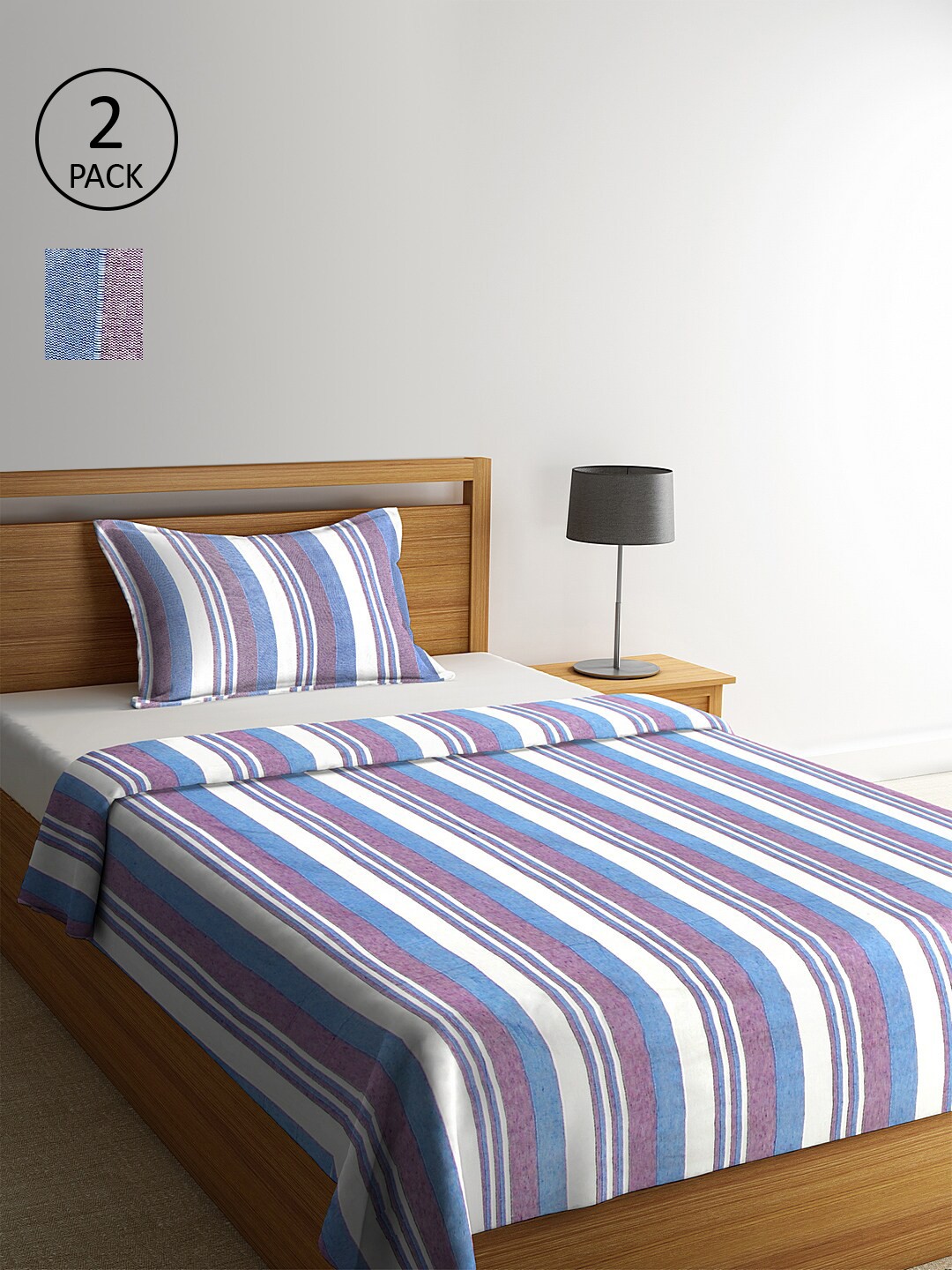 

KLOTTHE Set Of 2 Blue & White Striped Single Bed Covers With 2 Pillow Covers, Purple