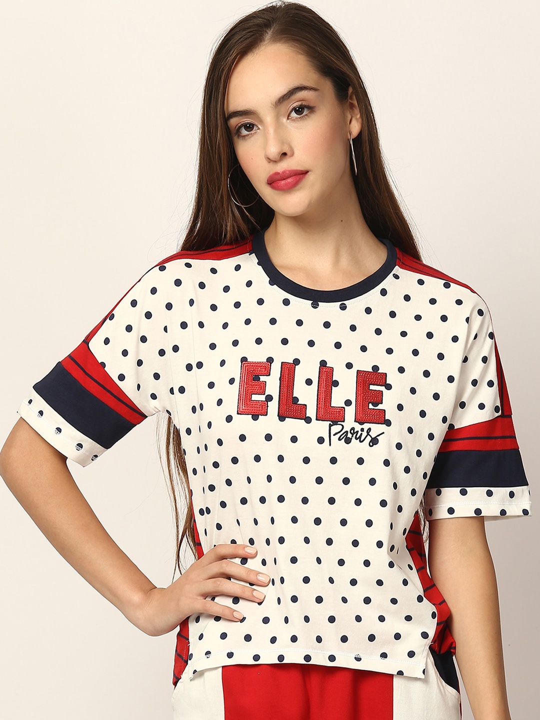ELLE Women Red Printed Polo Collar T-shirt