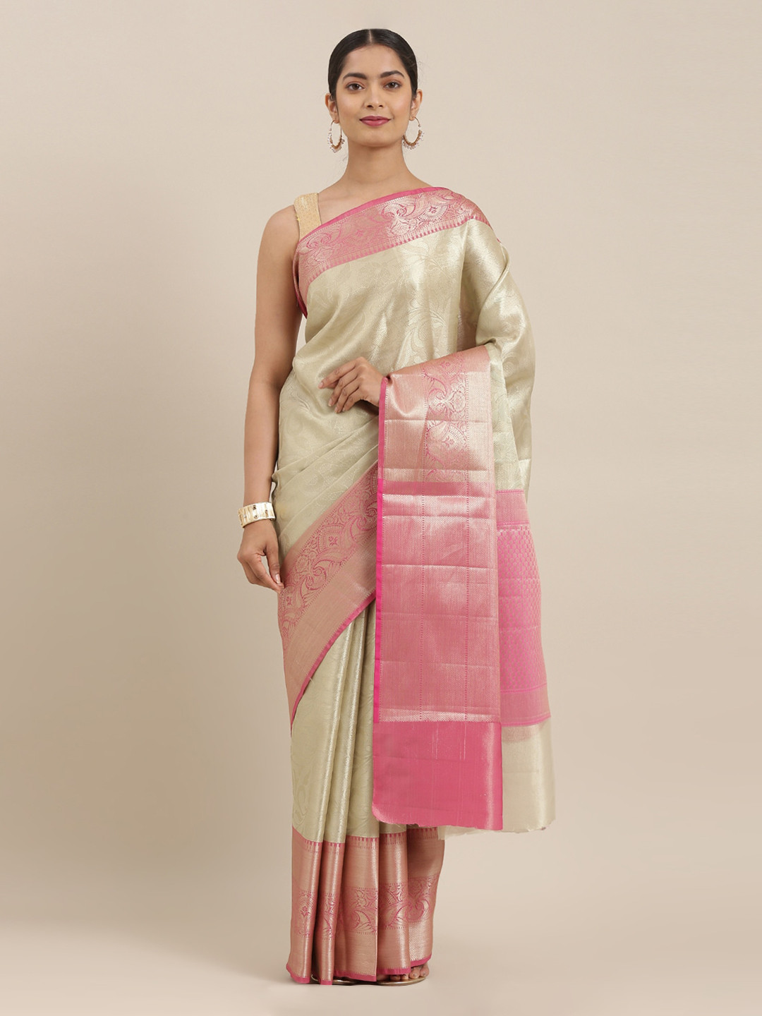 

The Chennai Silks Beige & Pink Organza Woven Design Banarasi Saree