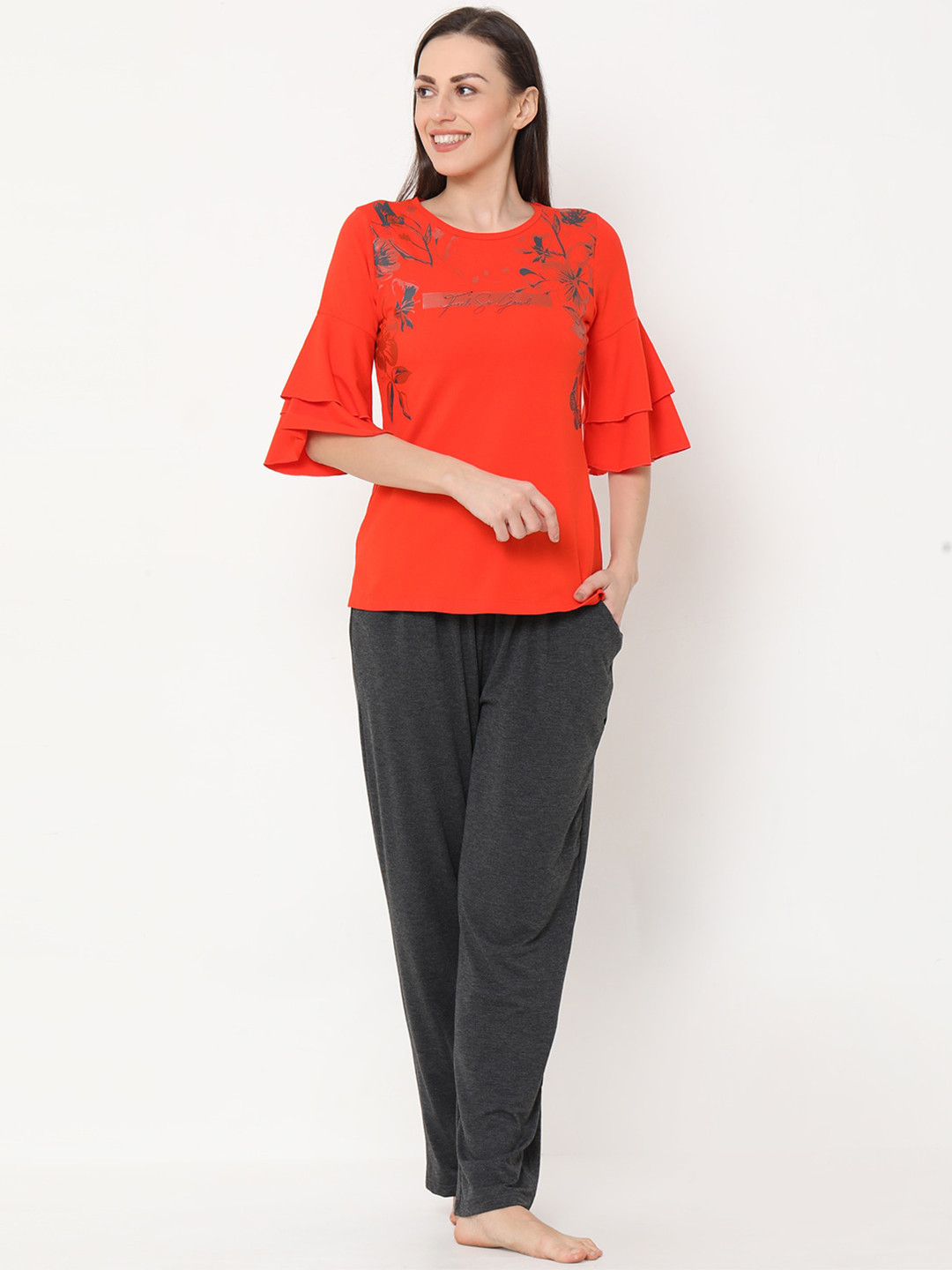 

Sweet Dreams Women Red & Charcoal Grey Printed Night suit