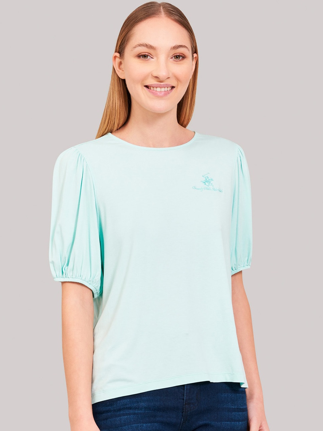 Beverly Hills Polo Club Women Green Solid Round Neck T-shirt
