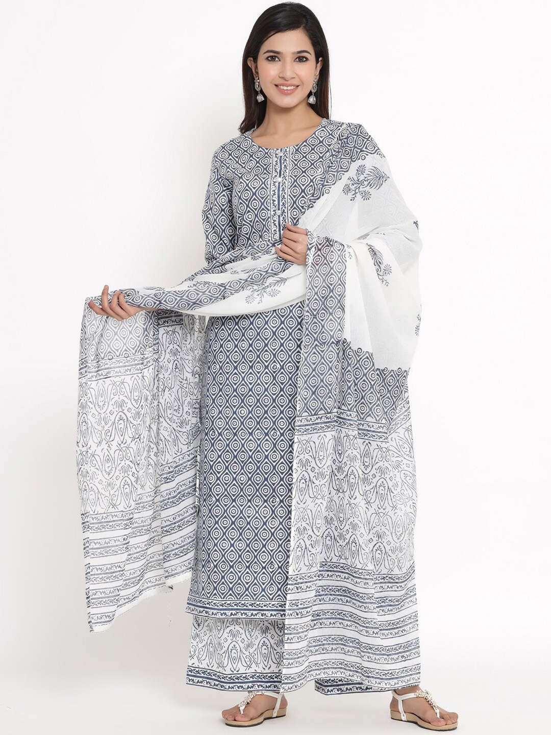 

kipek Women Blue & White Printed Kurta with Palazzos & Dupatta