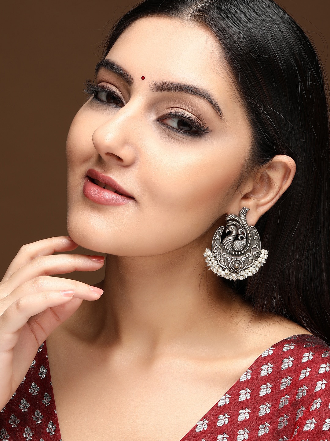Rubans Silver-Plated Handcrafted Oxidised Peacock Shaped Chandbalis