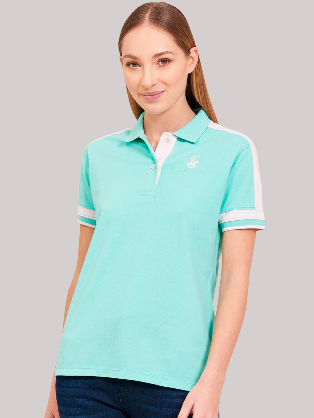 

Beverly Hills Polo Club Women Green Solid Polo Collar T-shirt