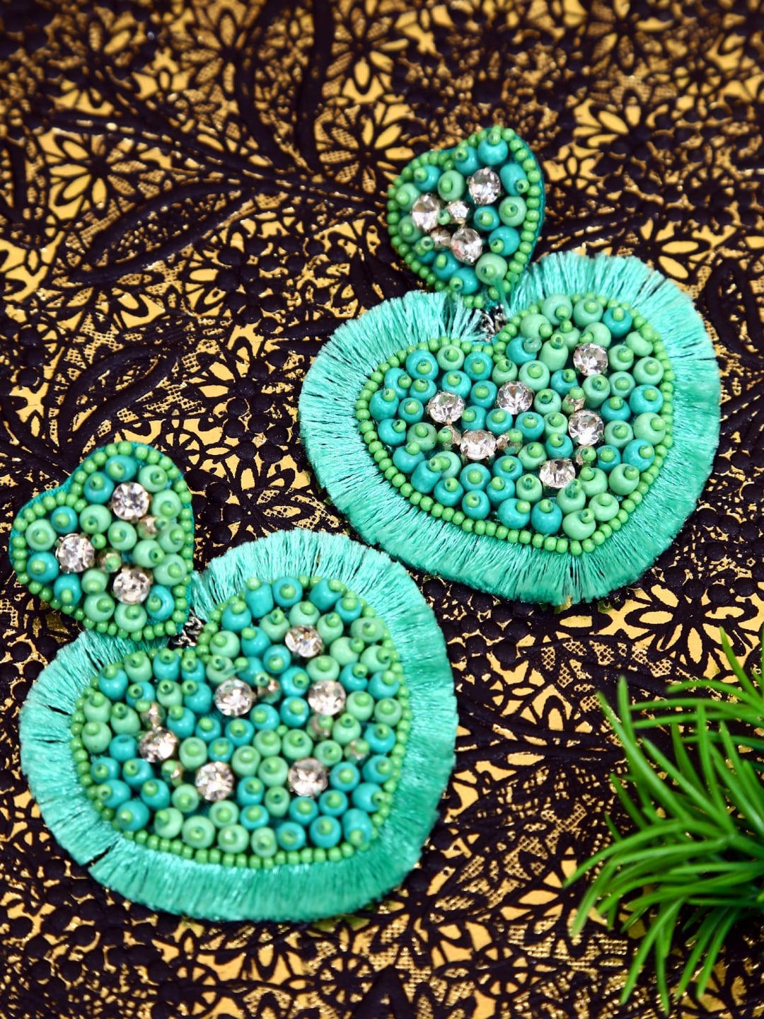 

Crunchy Fashion Green Gold-Plated Handcrafted Heart Shaped Drop Earrings
