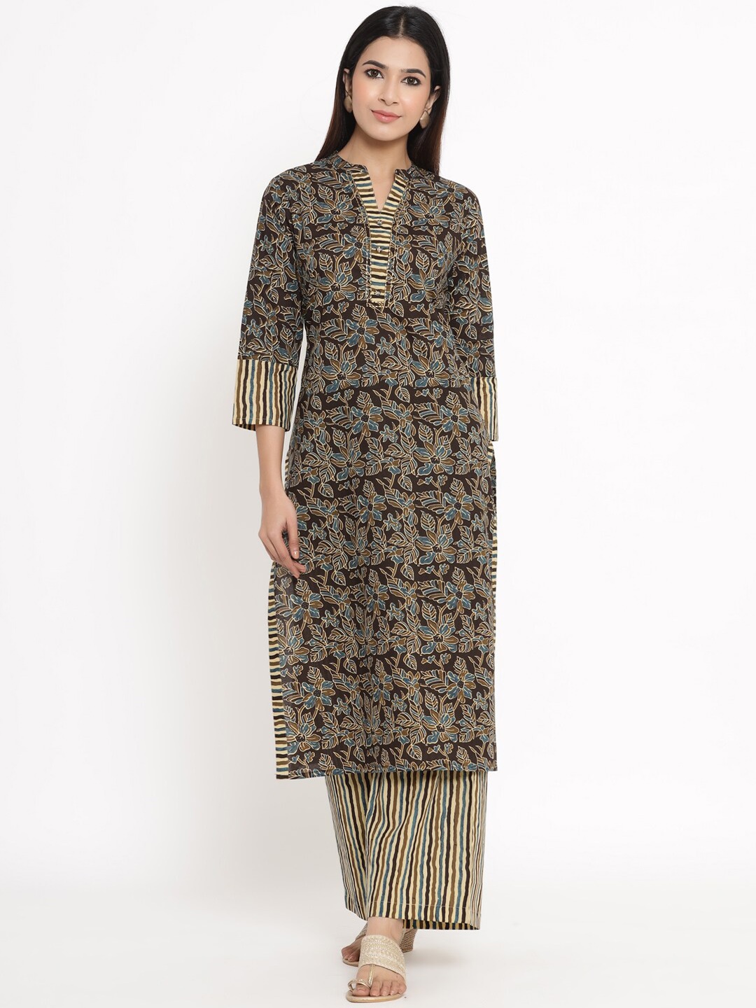 

kipek Women Brown & Blue Printed Kurta with Trousers
