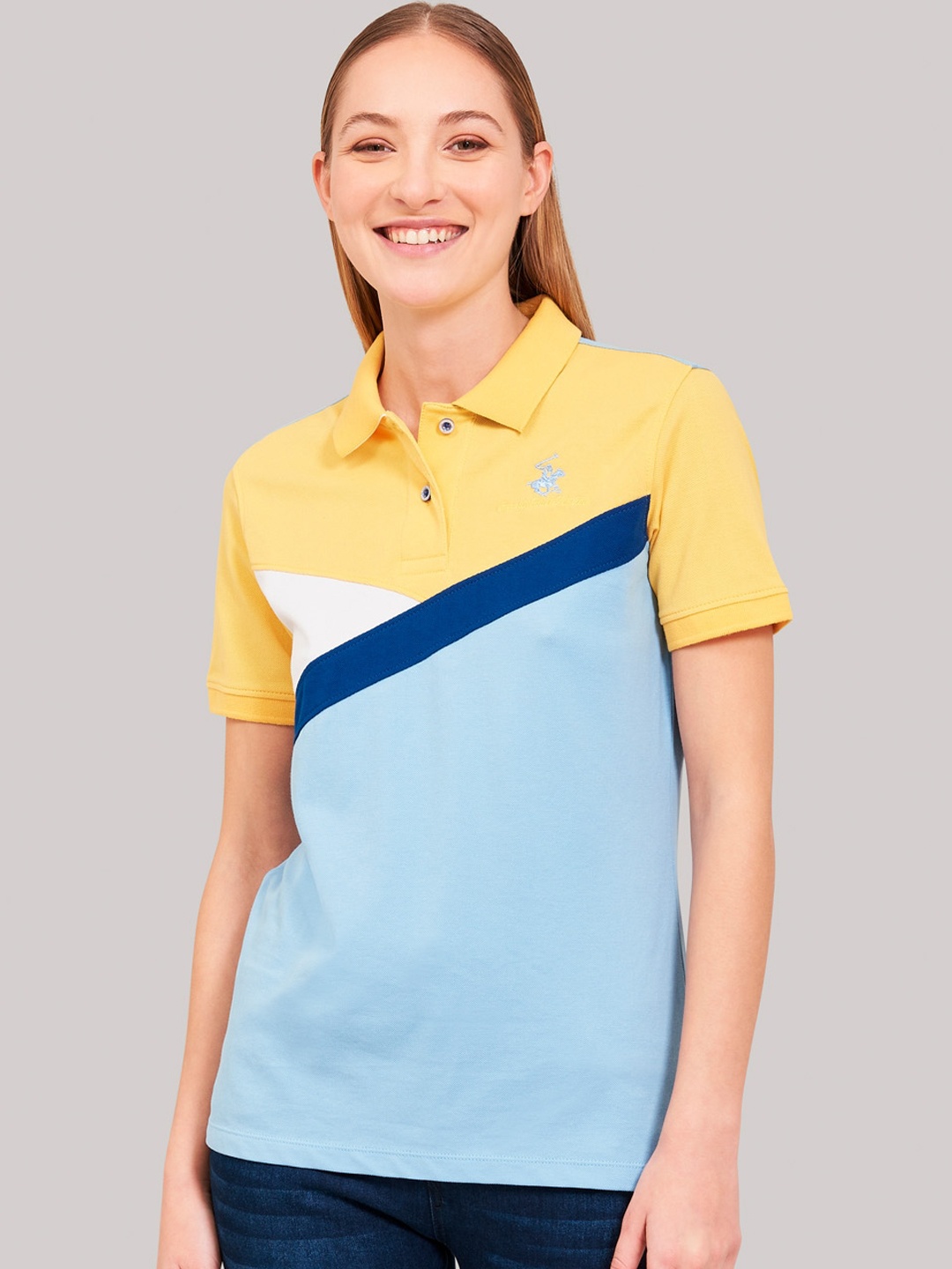 

Beverly Hills Polo Club Women Yellow Colourblocked Polo Collar T-shirt