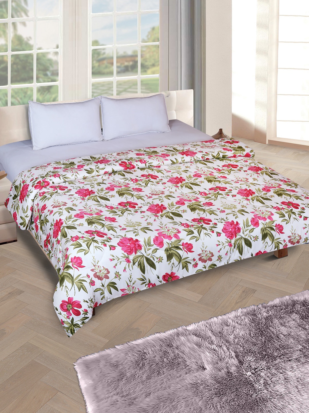

ROMEE White & Pink Floral AC Room 200 GSM Double Bed Comforter