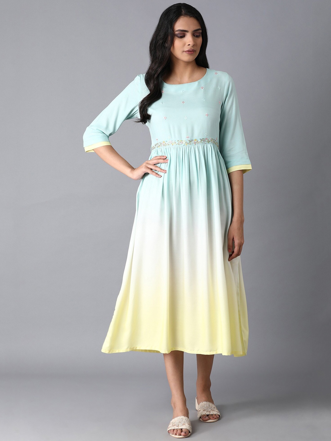 

W Women Blue & Yellow Colourblocked Empire Dress
