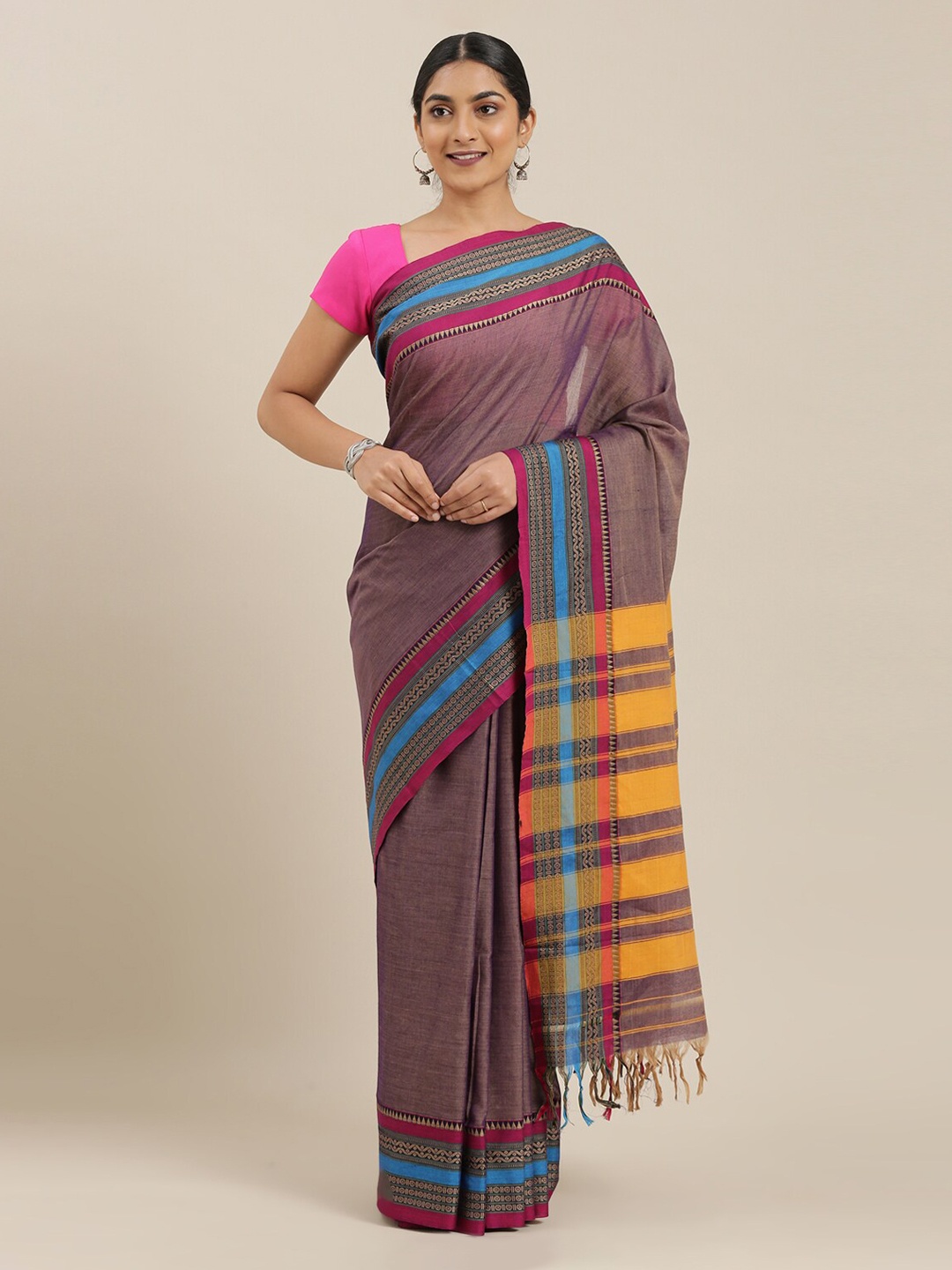 

The Chennai Silks Purple Cotton Blend Solid Narayan Peth Saree