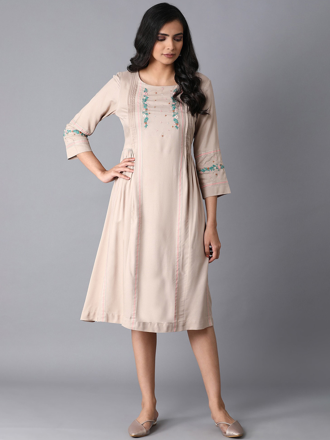 

W Women Pink Embroidered Viscose Rayon A-Line Dress