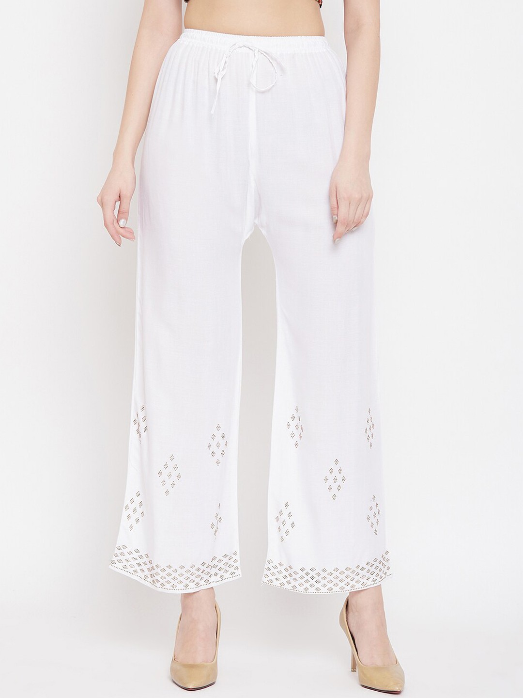 

Clora Creation Women White & Gold-Toned Embroidered Straight Palazzos