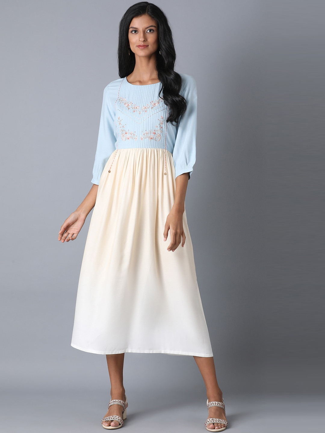 

W Women Blue Colourblocked Fit and Flare Dress