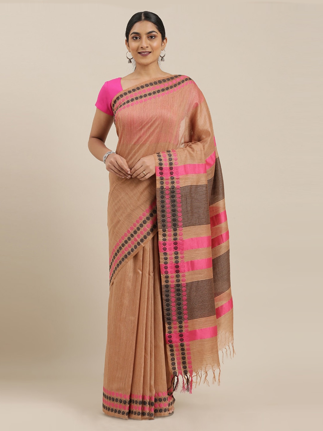 

The Chennai Silks Brown Solid Linen Blend Saree