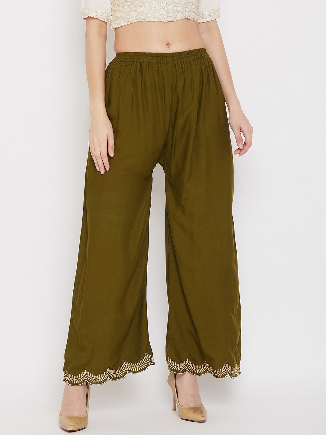 

Clora Creation Women Olive Green & Gold-Toned Hem Design Wide Leg Palazzos