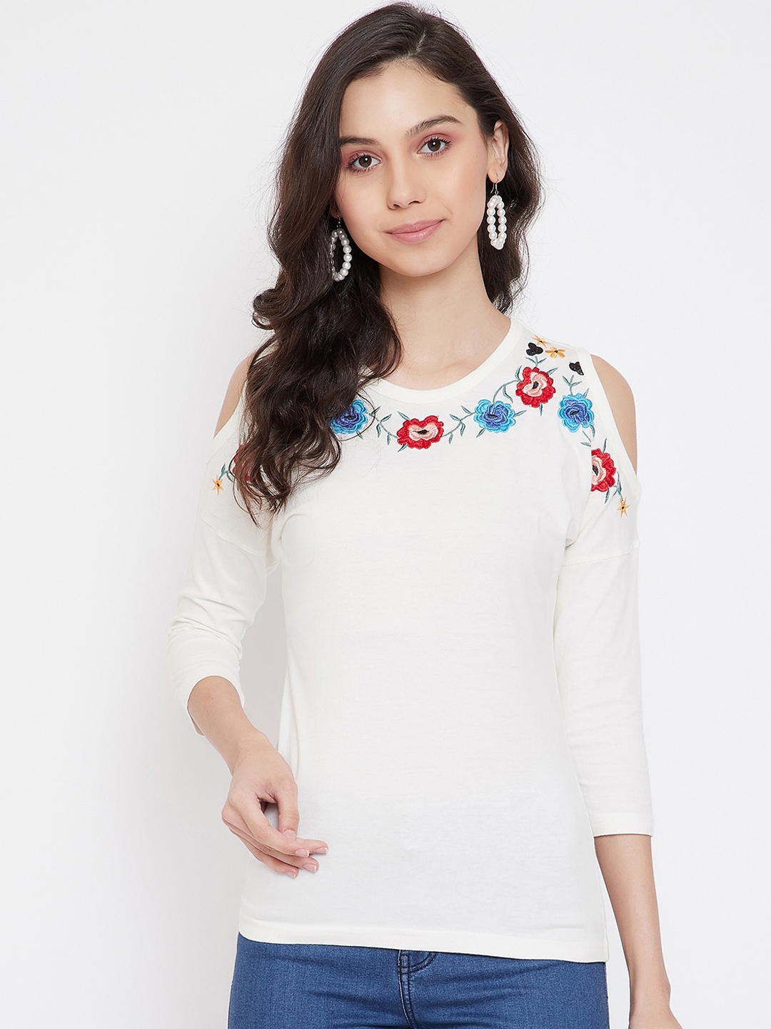 

Hypernation Women Off-White Solid Cotton Round Neck Pure Cotton T-shirt