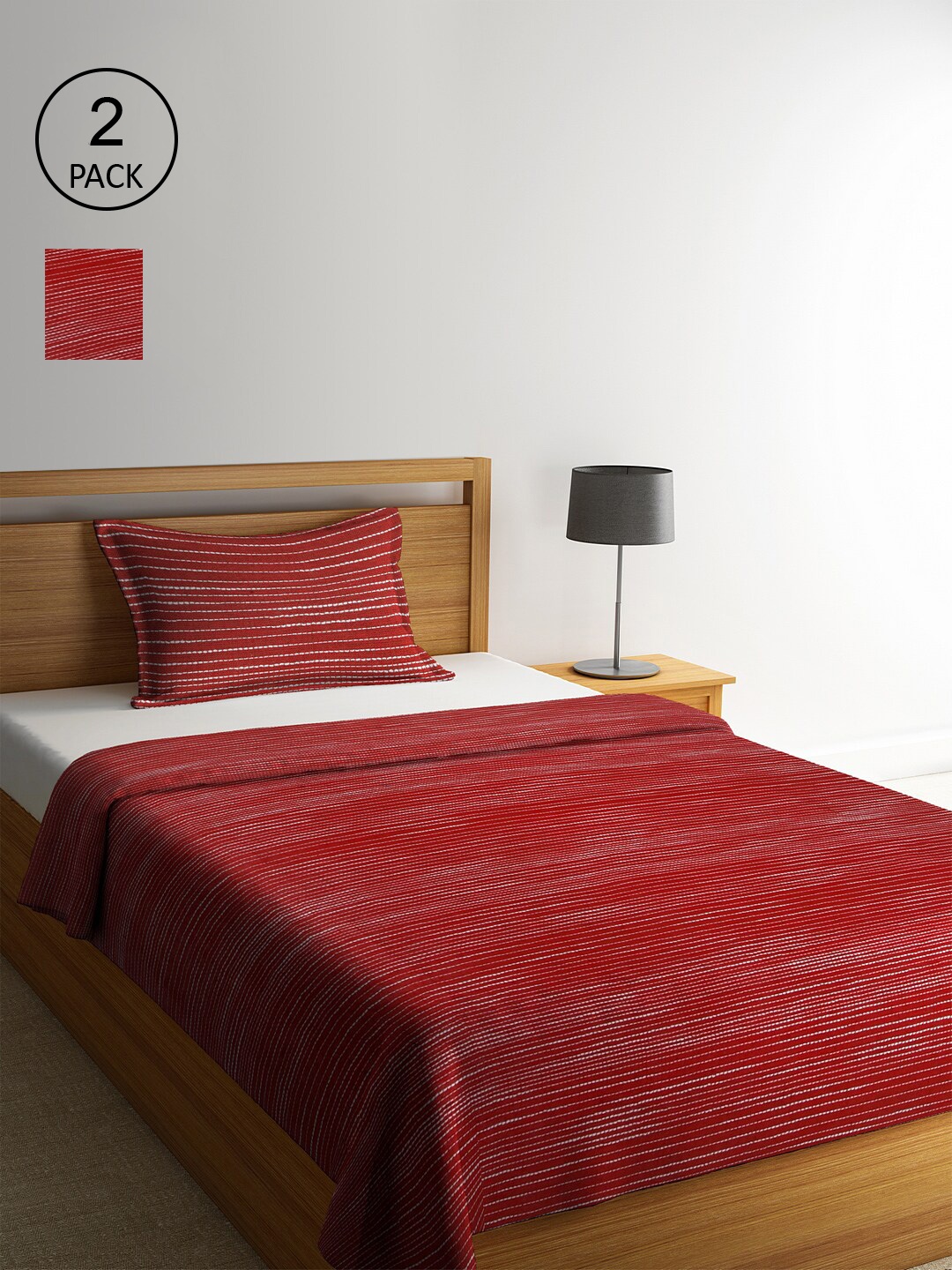 

KLOTTHE Set Of 2 Red & White Striped Single Bed Covers With 2 Pillow Covers